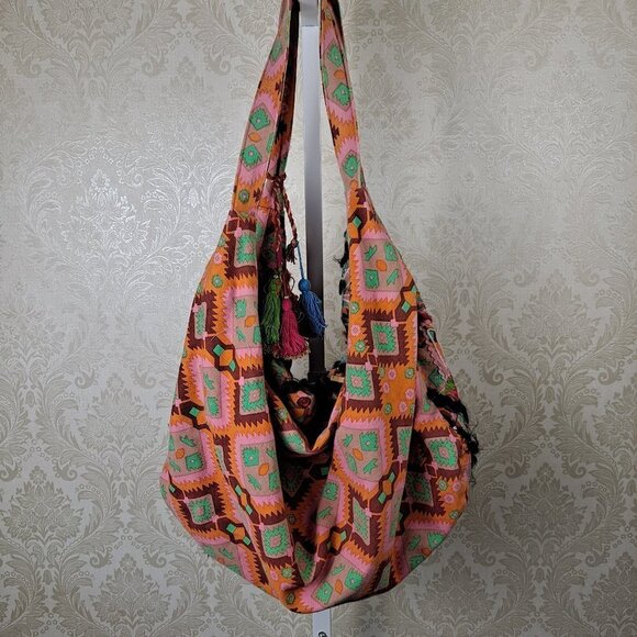Sondra Roberts Large Orange Shoulder Tote Bag Embroidered Mirrors Coins Tassels - Picture 8 of 15